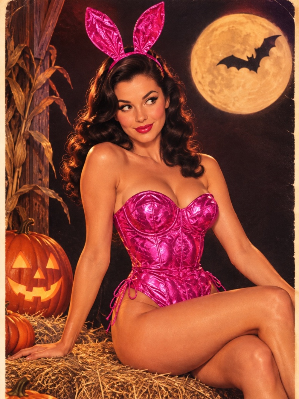 Women’s Pink Bunny/Cat Halloween Bodysuit Costume With Ear Headband Size XL